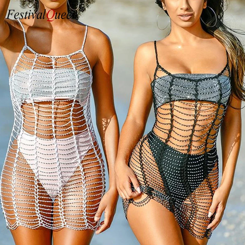 

2019 Summer Rhinestone Beach Dress Solid Mesh Cover Up Women Crochet Bikini Cover Ups Swimwear Hollow Out Beach Mini Dress