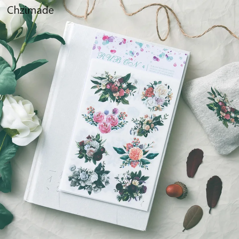 

Lychee Life 4Pcs/lot Flower Rub On Stickers Handbook Scrapbooking Paper Stickers DIY Craft Making Decoration