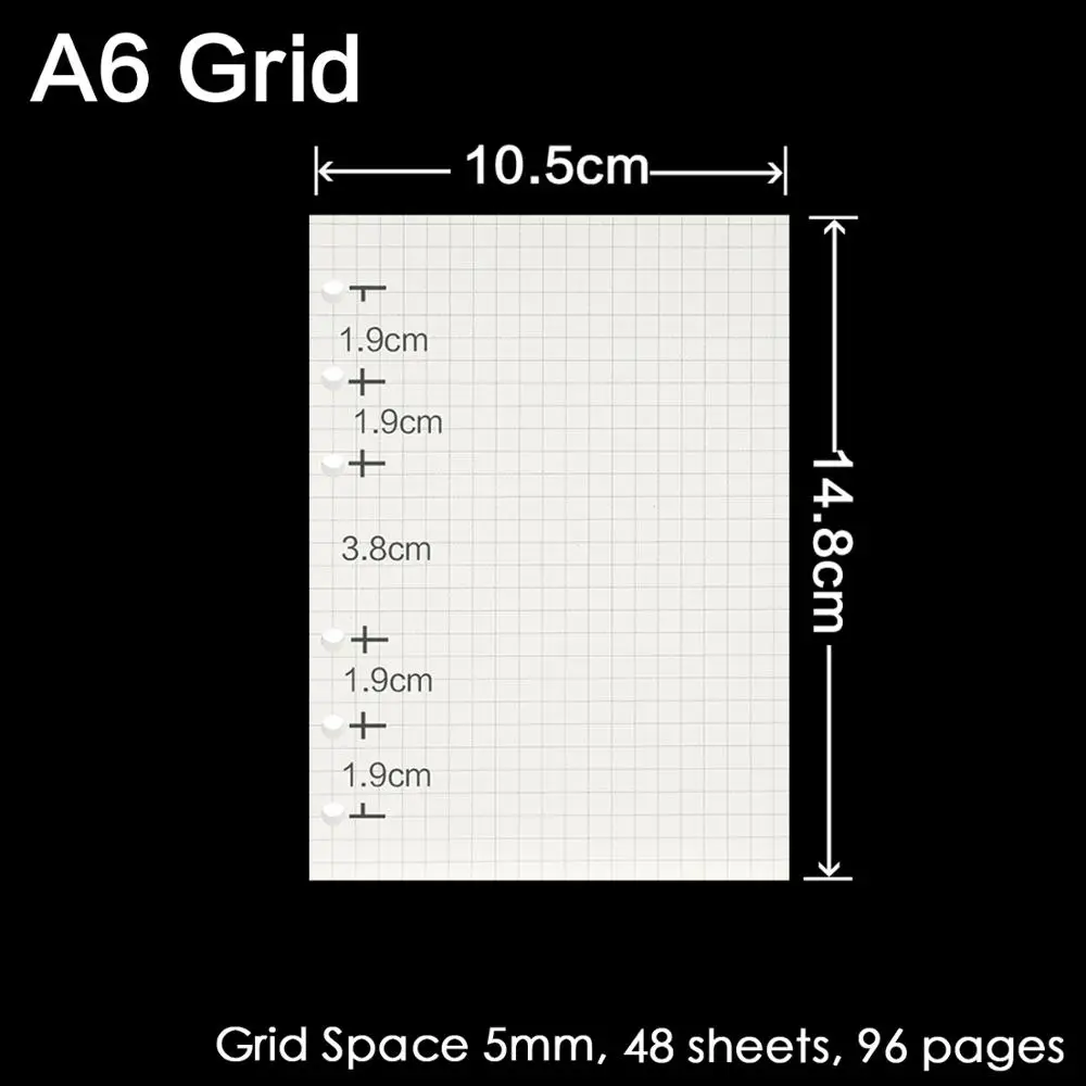 Standard A6 Grid Высокое качество, записная книжка с кольцом A5, A6, A7, вставные заправки, 6 отверстий, вкладыш, дневник на спирали, планировщик, внутреннее ядро, 100 г, бумага - Цвет: Standard A6 Grid