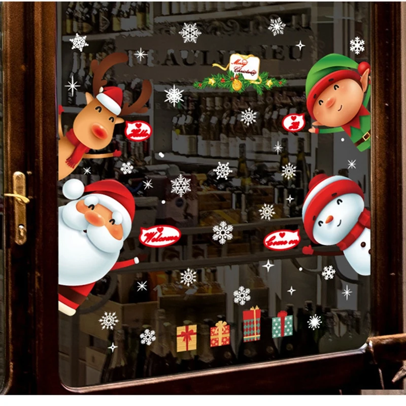 1 комплект креативный придверный, с рождественскими мотивами и окном настенные декоративные наклейки для витрины, стекла макет сцены Снежинка украшения для дома