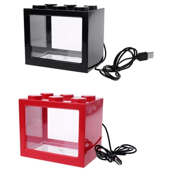 

2 Pcs Mini Aquarium USB Led Light Lamp Fish Tank Home Office Tea Table Decoration Small Building Block Fish Tank,Red & Black