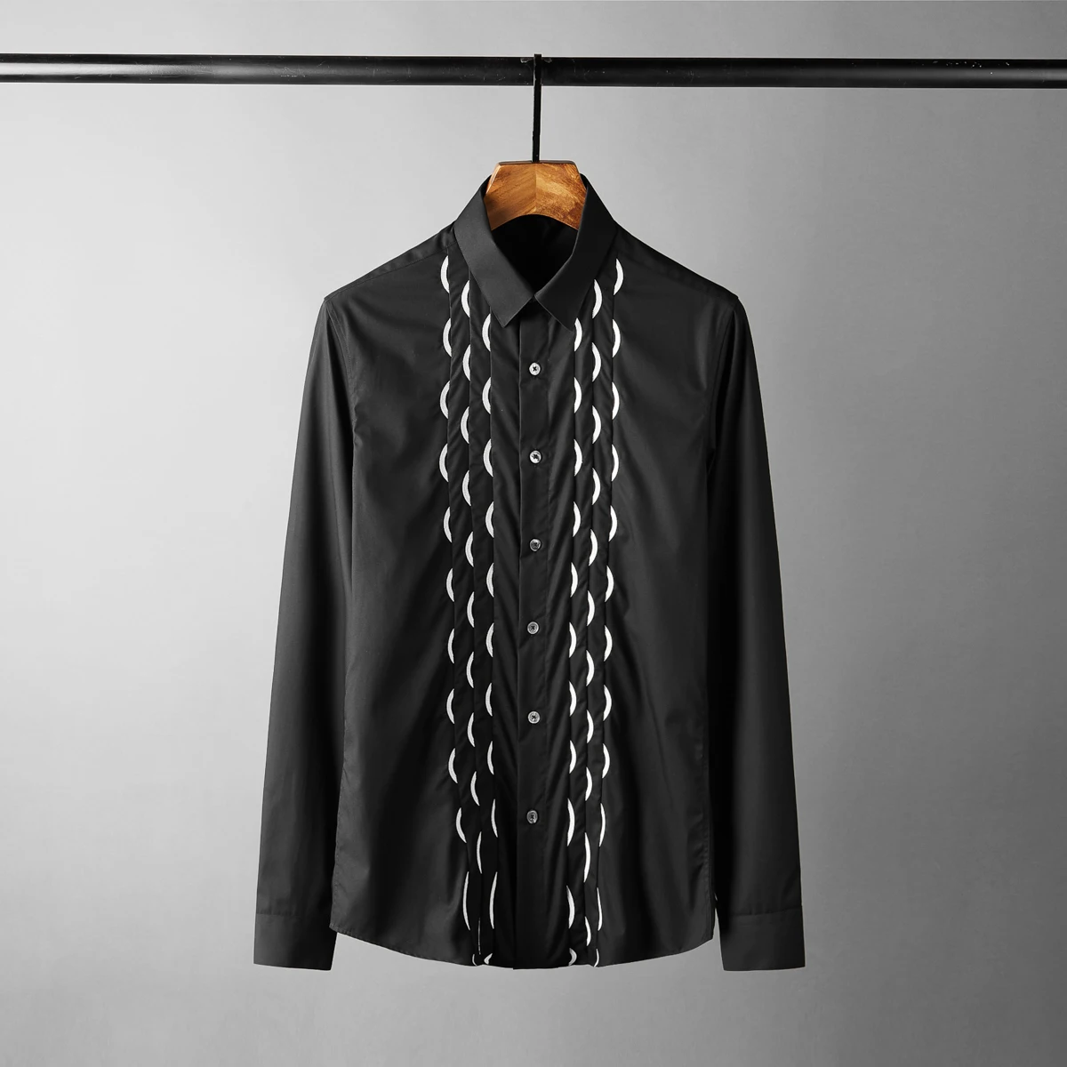 

100% Cotton Luxury Embroidery Long Sleeve Black Mens Dress Fashion Slim Fit Solid Color Man Shirts