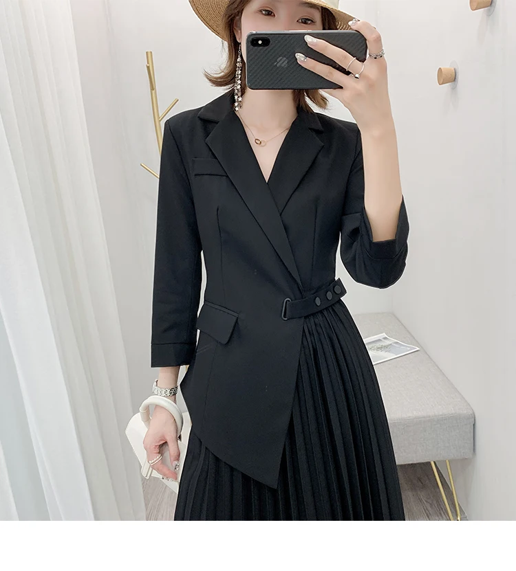 Autumn New Runway Women Fashion Notched Stitching Side buckle Pleated Hem Mid Calf Dress Elegant OL Work Wear Suits Dress