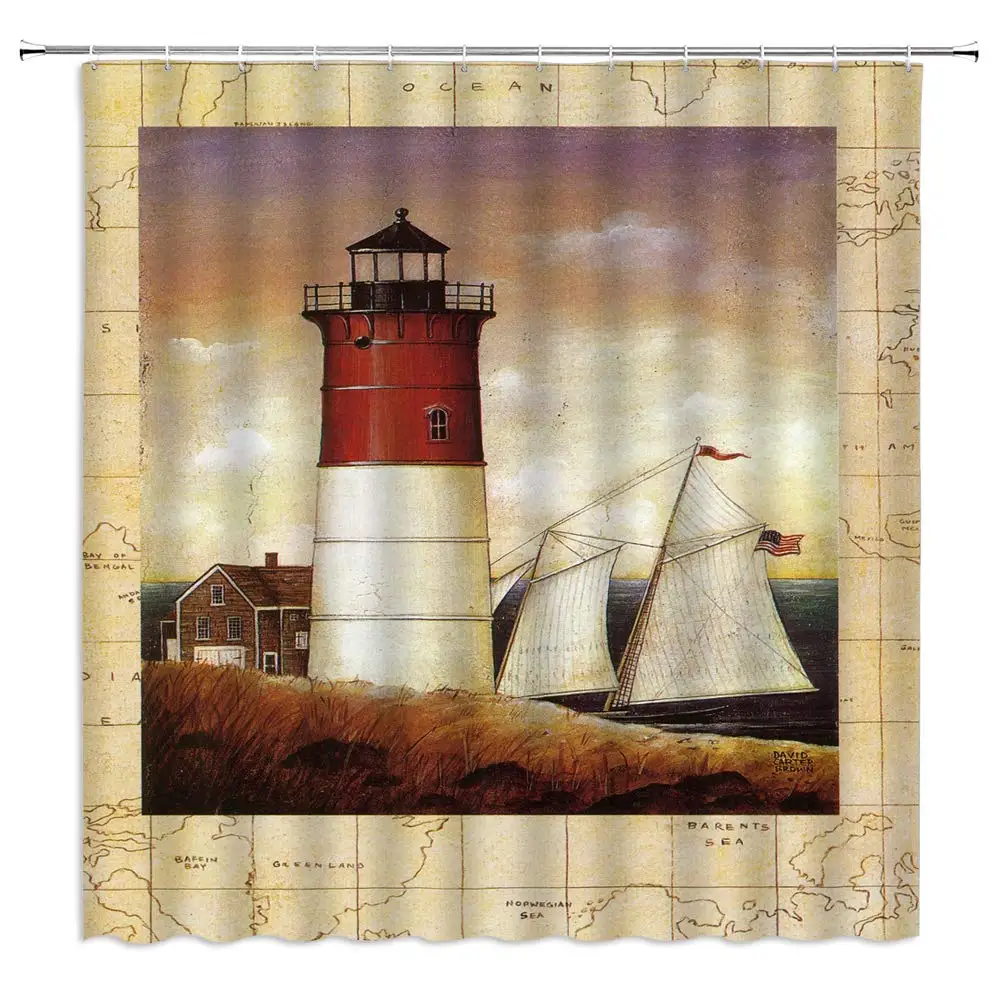 

Lighthouse Shower Curtain Decor House Sailboat Floating on Ocean Sea Oil Painting Bathroom Curtain Polyester Fabric Machine