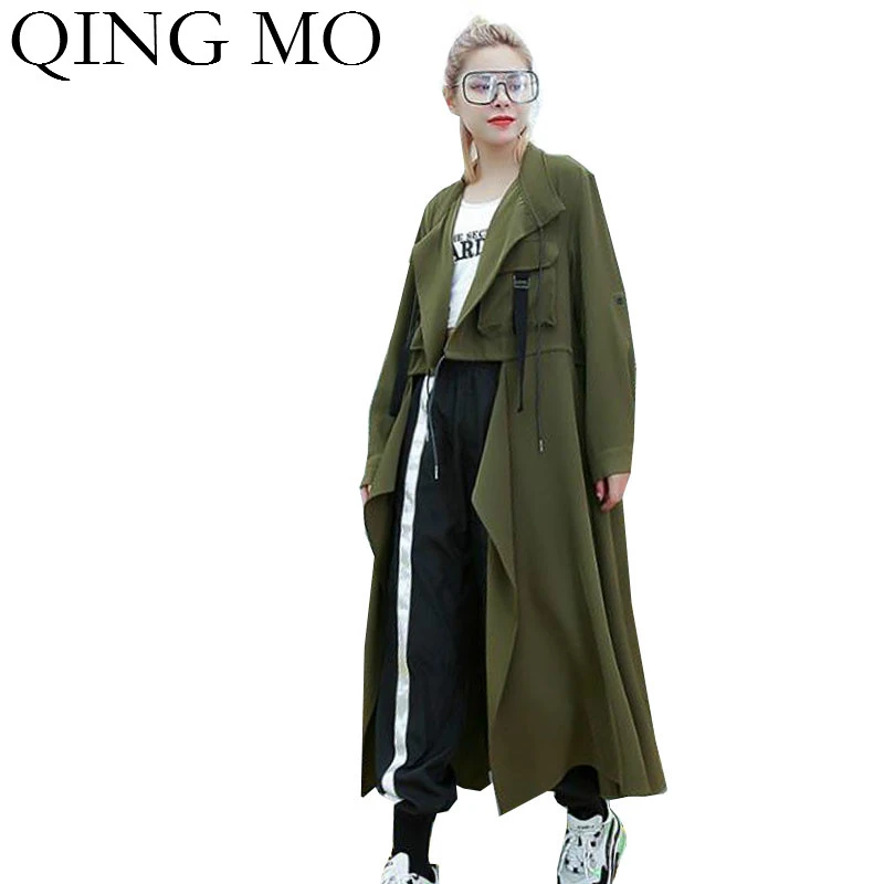 Женская Длинная ветровка до щиколотки QING MO однотонная хлопковая тонкая черного и