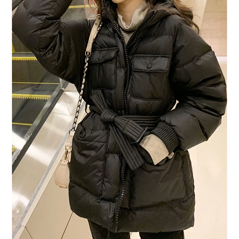 

Puffer Jackets for Women Hooded 2020 Winter Long Coat 4 Colors Femme Parkas with Sashes Korean Style Autumn Black Women Clothing