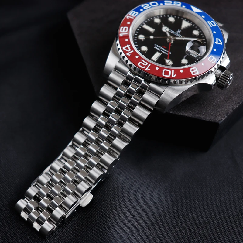 Cronos GMT Automatic Men Watch Bidirectional Bezel Sapphire 20 ATM Solid 5 links Metal Bracelet BGW-9 Lum