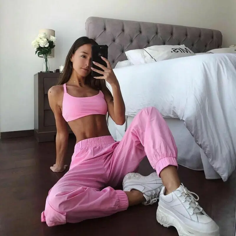 

Hirigin 2Pcs Women Fashion Tracksuit Crop Tops Loose Cargo Pants Sleeveless Tanks Sport Wear Casual Suit Summer Solid Girl Sets