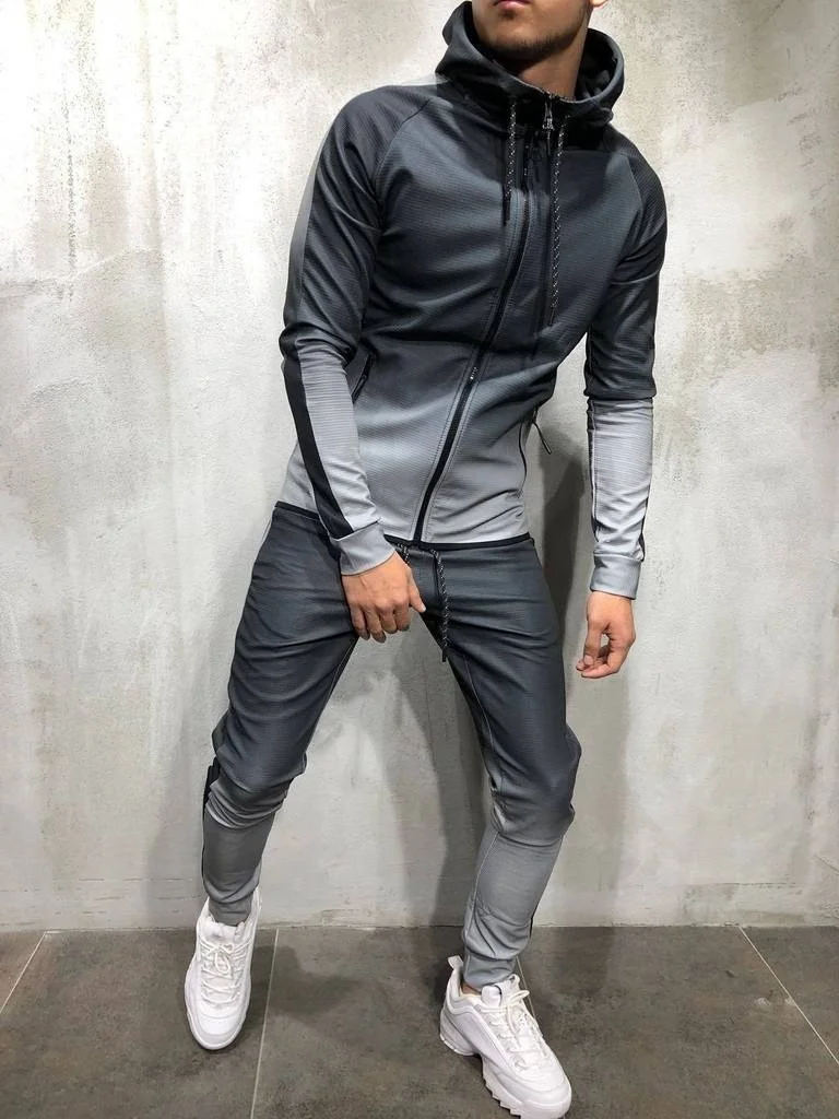 Zogaa Zipper Tracksuit Men Sets 3D Print Sports 2 Pieces Sweatsuit Men Clothes Printed Hooded Sweatshirt+ Pants Track Suit Male - Цвет: Серый