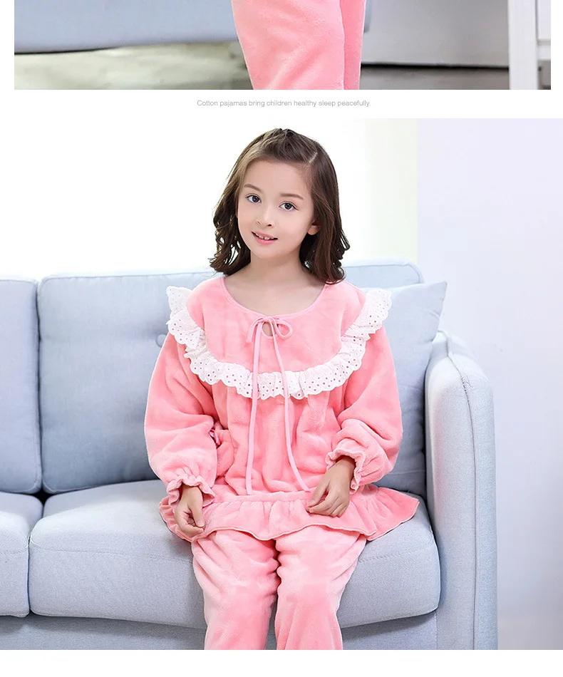 Children girls Flannel winter new pajamas kids lace patchwork cute cartoon home clothes girls sleep wear ws1159