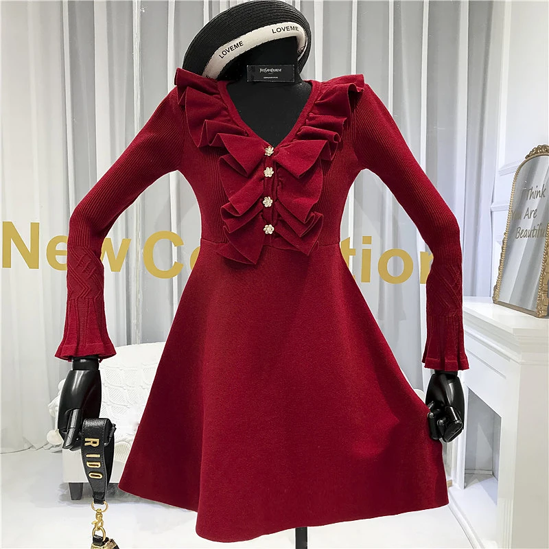 

Ruffles Mini Dress Women Vintage A-Line Solid Above Knee, Mini Flare Sleeve Long Sleeve Dresses Red Cut Woman Clothing