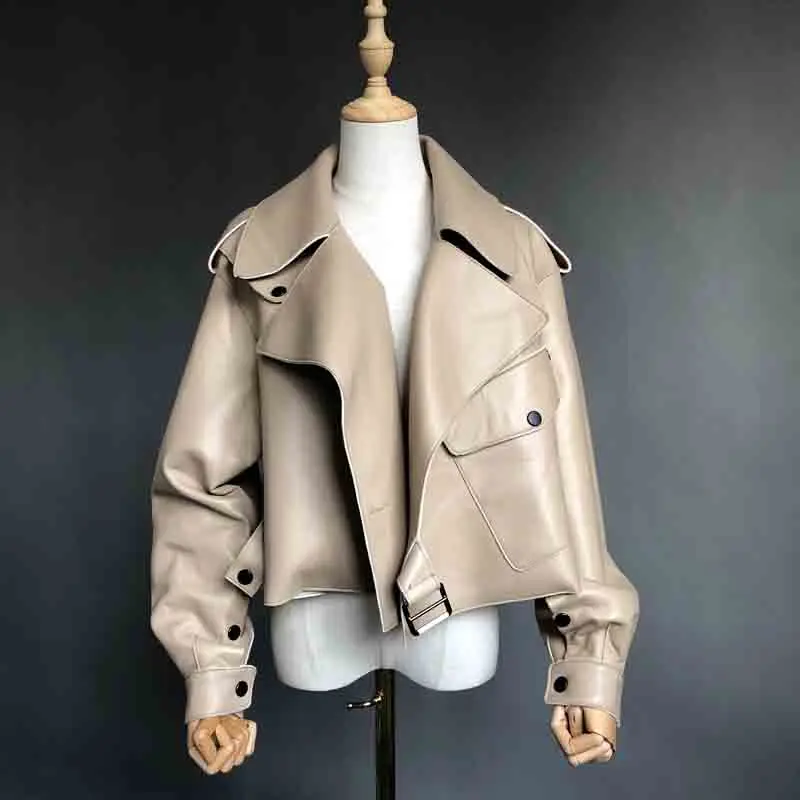 Beige Women leather jacket winter real leather moto jacket pluse size coat - Цвет: Beige