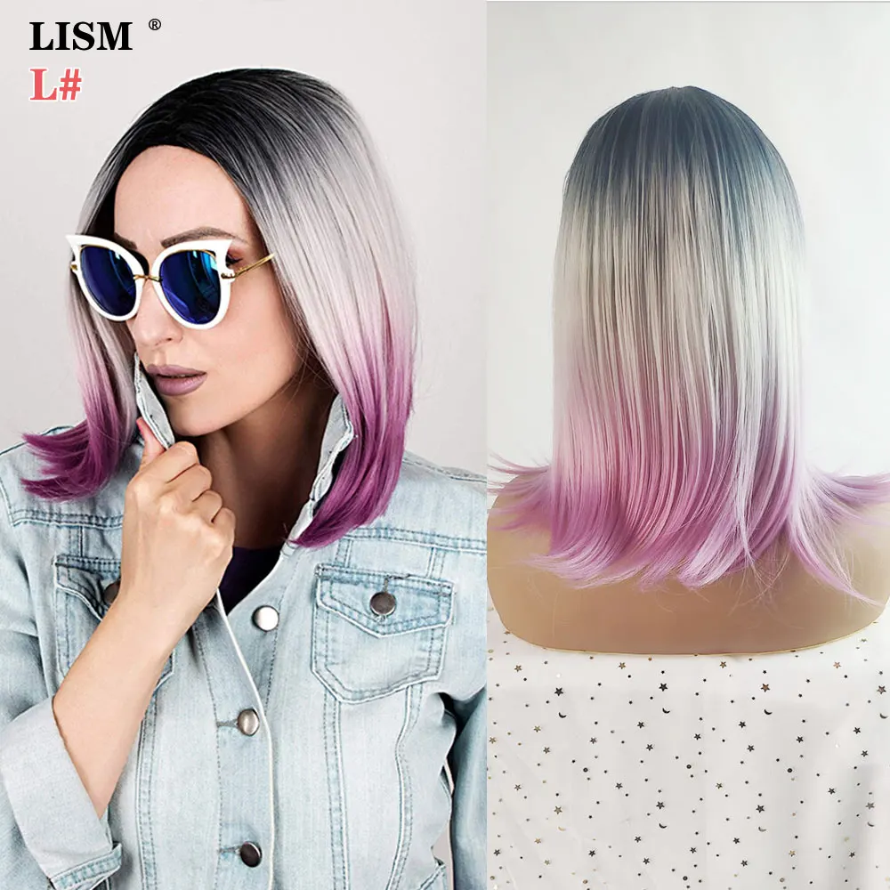 Women Fashion Harajuku Wig Straight Hair Purple/Pink/Blue/Brown Synthetic Wigs with Bang Pelucas Natural Peruca Loira Cosplay