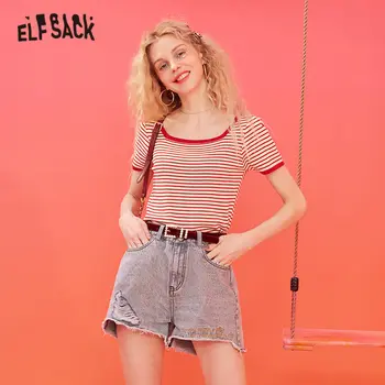 

ELFSACK Red Striped Square Neck Casual T-Shirt Skinny Women Tops 2020 Spring Vintage White Short Sleeve Korean Ladies Basic Tee