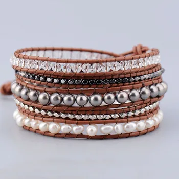 Exquisite Pearl Crystal Hematite Beads 5 Layered Leather Wrap Bracelets with Pearls Weaving Bracelet Dropship Jewelry