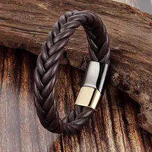 Классический черный слой ручной работы кожаный браслет Плетенный человек браслеты мода магнит застежка браслет из нержавеющей стали