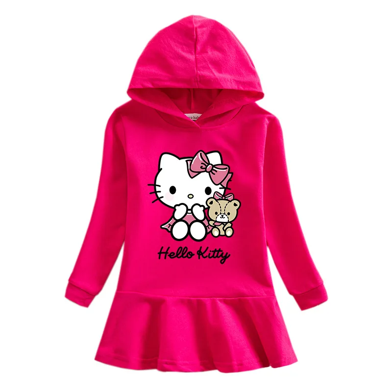 thumbnail image 1 of Hello Kitty primavera y otoño nuevos niños vestido suéter con capucha niña lindo dibujos animados dulce señora falda bebé algodón vestido cómodo, 1 of 5