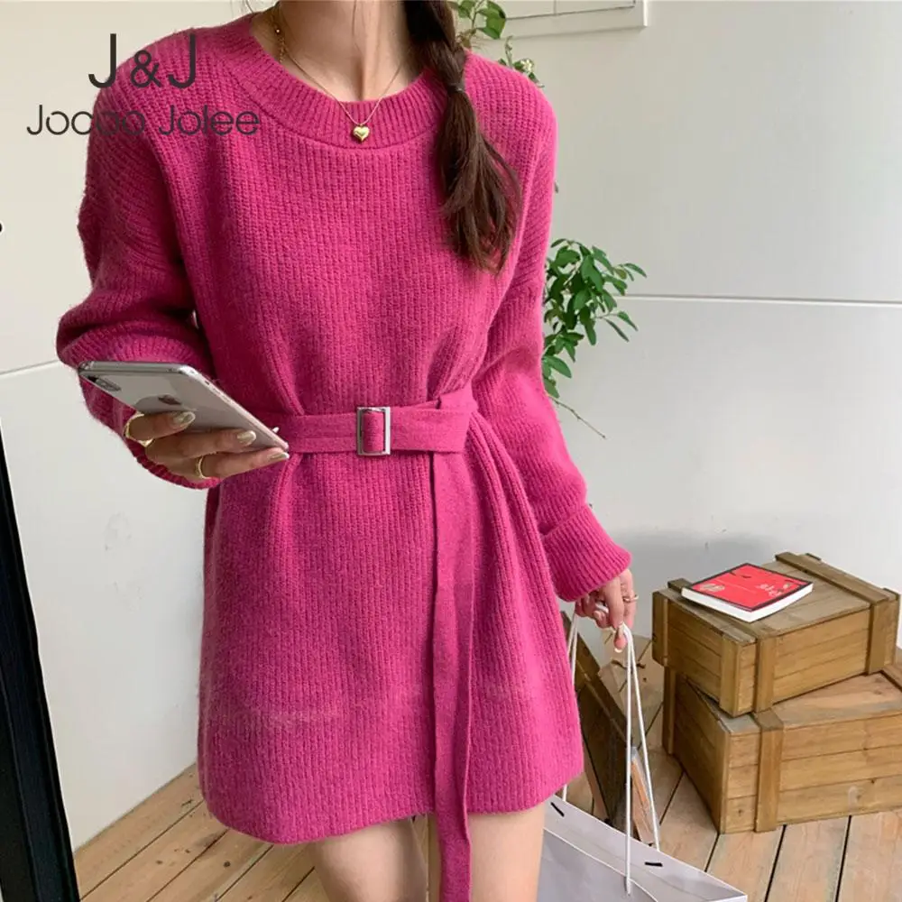 

Осенне-зимнее винтажное однотонное вязаное платье, женское мини-платье-свитер с длинным рукавом и круглым вырезом, с поясом, в Корейском стиле, в повседневном стиле