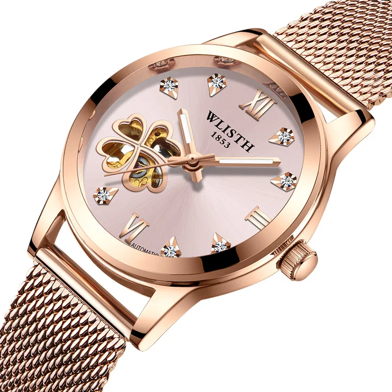 

Women's Watch Pink Dial Creative Heart Shaped Hollow Out Automatic Mechanical Watch Luminous Waterproof Female Mechanical Watch