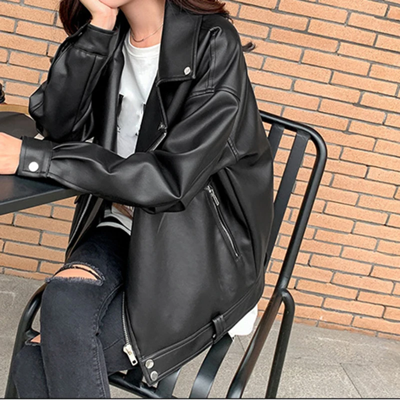Women Faux Leather Jacket Casual PU Loose Motorcycle Jackets Female Coat/Streetwear Coats & Jackets Apparel & Accessories Clothing Outerwear