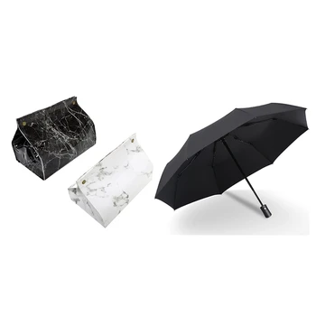 

1 Pcs Black Coating Rain Sun Automatic Umbrella Anti-Uv 3 Folding Wind & 2Pcs Pu Paper Container Case Pouch