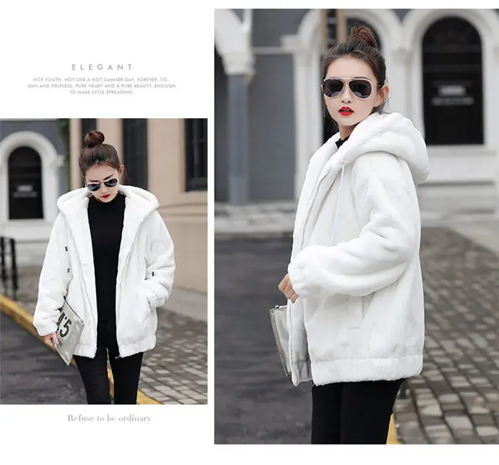 Faux Rex Rabbit Fur Coat Female Winter New Long Sleeve Korean Loose Plush Thick Hoodies Sweatshirt Jacket For Women f2084