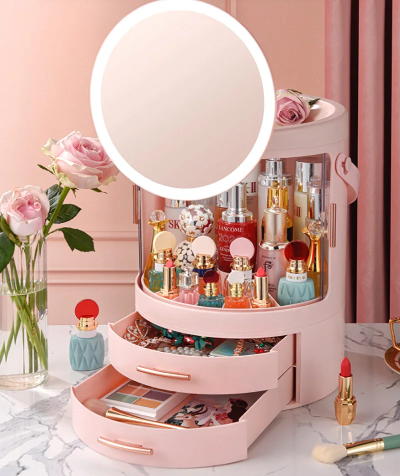 

Светодиодное зеркало, коробка для хранения косметики, Настольный ящик, прозрачный ящик для хранения, вращающийся пластиковый пыленепроницаемый