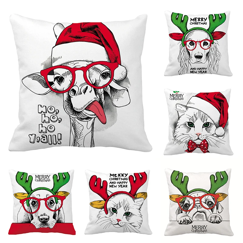 

Sofa Decorative Cushion Cover Christmas Animal Avatar White Pillowcase Linen 45*45cm Throwing Pillow Home Decoration Pillowcase
