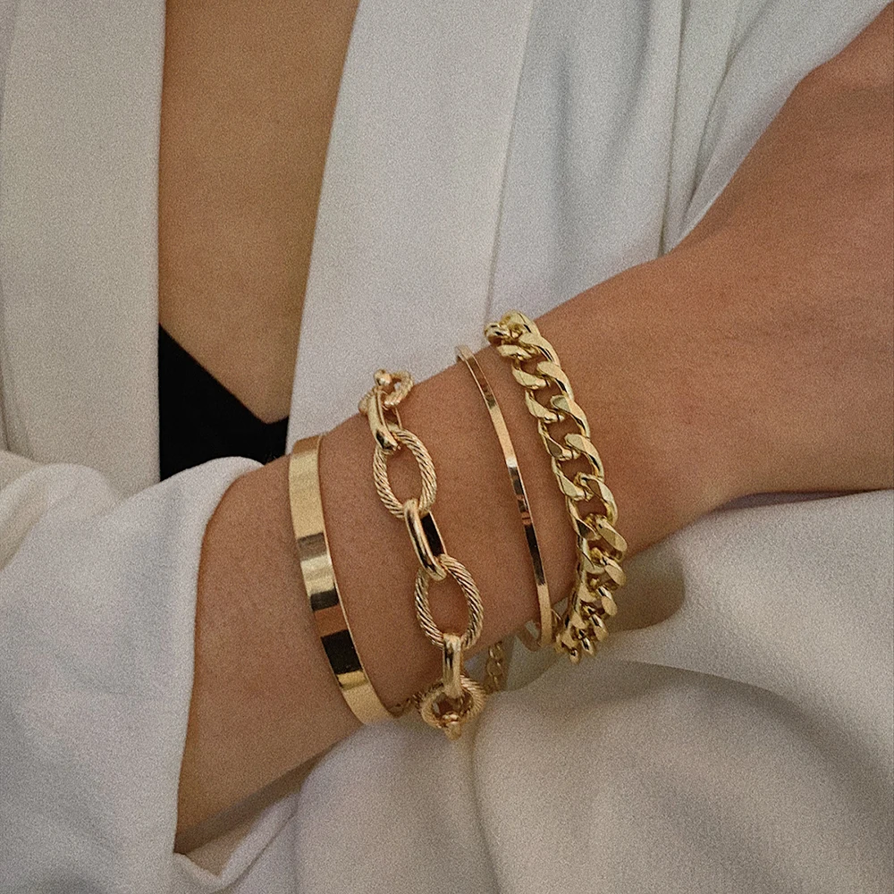 Punk Curb Cuban Chain Bracelets Set for Women Multilayer Miami Boho Thick Gold Color Charm Bracelets Bangles Fashion Jewelry