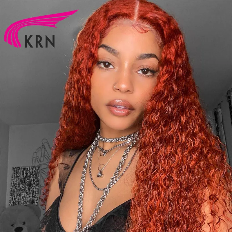 Peluca con malla frontal para mujer, cabello humano Remy rizado brasileño prearrancado, Color Naranja jengibre, 13x4, 180% de densidad