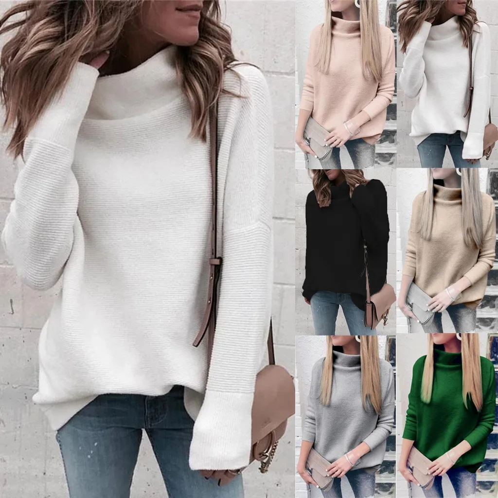 Suéter de punto suelto para mujer, Jersey informal de cuello alto, Jersey de punto, color sólido, envío directo