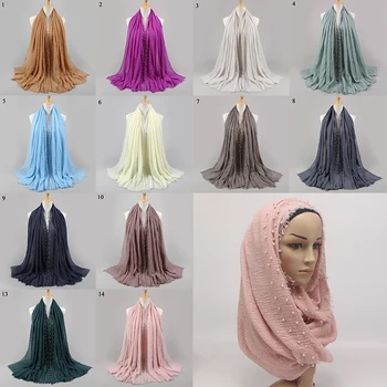 

180cm Cotton Scarf Beads Bubble Pearl Wrinkle Shawls hijab Drape Stitching bandanas Fringe Crumple Muslim Scarves