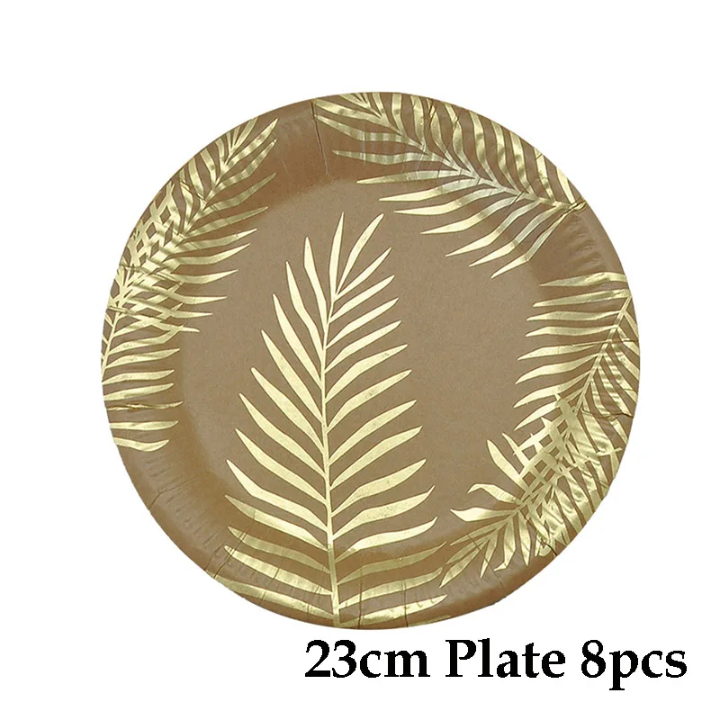 9inch Plate 8pcs Золотые одноразовые столовые приборы, вечерние соломинки из крафт-бумаги, тарелки, чашки, тропические листья пальмы, рождественские украшения для свадьбы и дня рождения, принадлежности - Цвет: 9inch Plate 8pcs