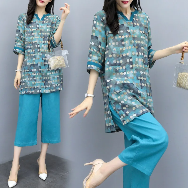 

2019 New Style WOMEN'S Dress Summer Large Size Two-Piece Pants Polka Dot Tops Chiffon Loose Pants Casual Fashion WOMEN'S Suit