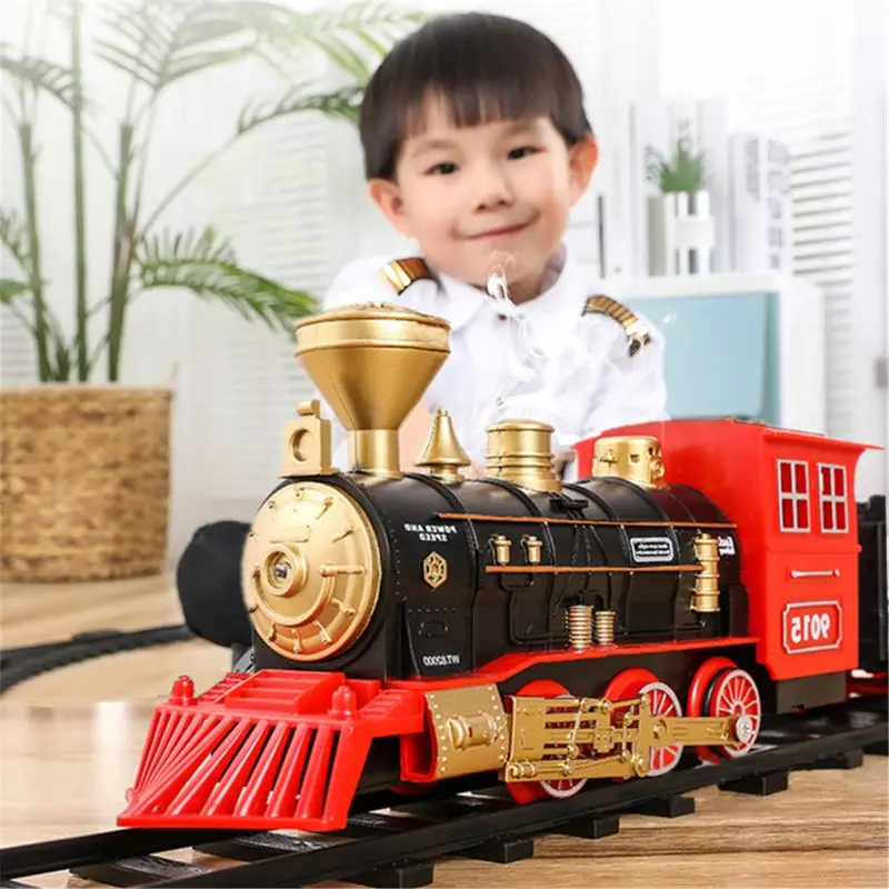 Электронный классический железнодорожный поезд наборы ж/паровоз двигатель, грузовой автомобиль и треки, работающий от батареи игровой набор игрушка ж/дым