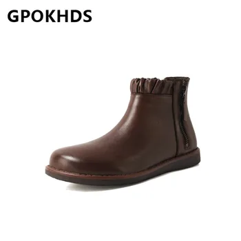 

GPOKHDS 2021 women Ankle boots Cow leather Winter short plush Round Toe Zipper Low heels female Riding boots size 41