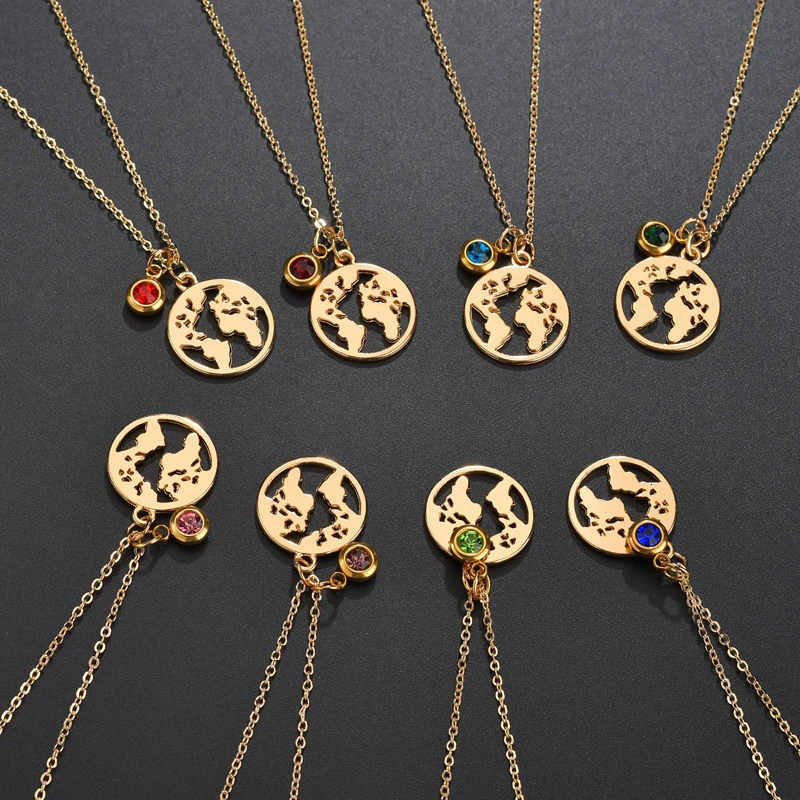 

12 Colors Charm BirthStone Necklace World Map Crystal Pendant Necklace For Women Diy Personalized Birthday Custom Jewelry