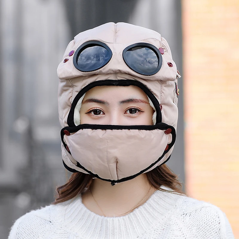khaki 3Pcs Unisex Cool Full Face Mask Thickened Windproof Sunglasses Winter Riding Cap Cycling Motorcycle Hats for Women Men Snow cap - Цвет: khaki