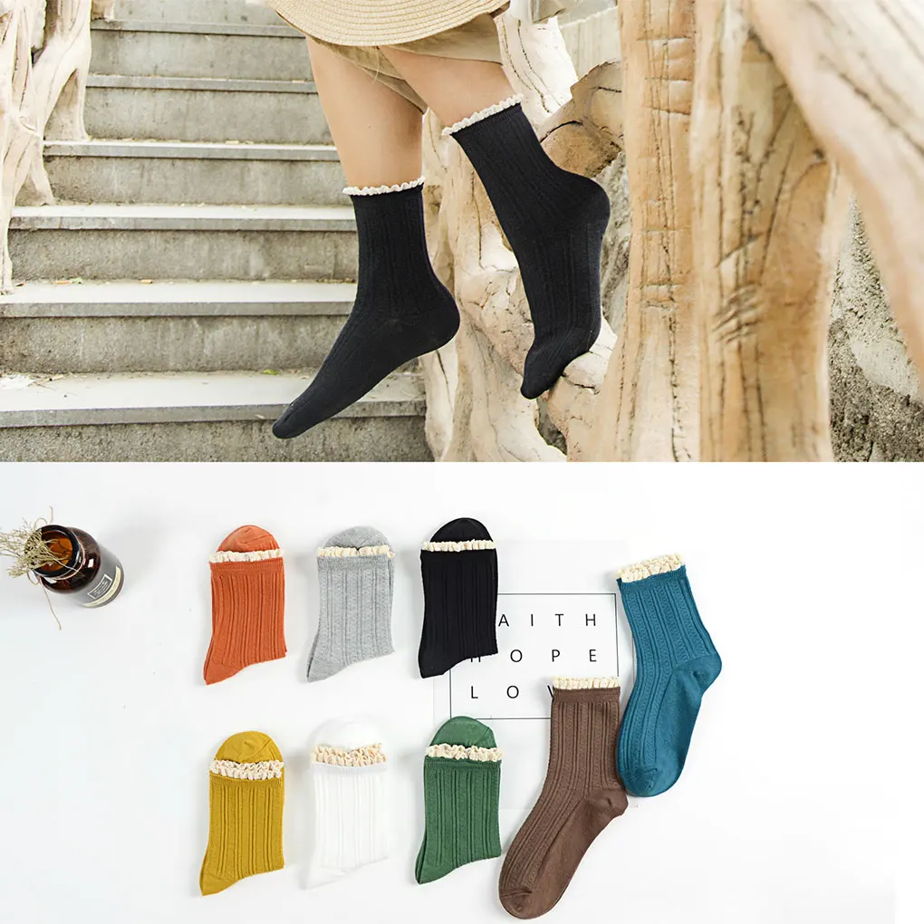 Женские носки, Осенние новые модные кружевные носки, хлопковые однотонные милые женские модные длинные носки, 5 пар