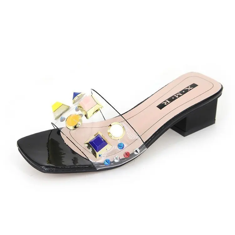 

String Bead Transparent Square heel High heels slippers women 2020 summer shoes woman Wild Open toe Sweet ladies shoes female
