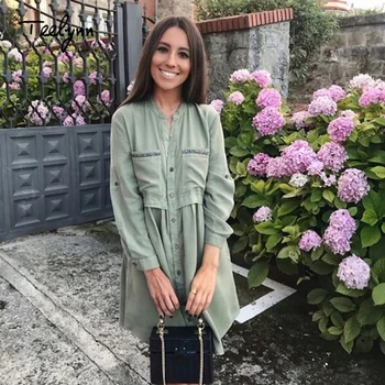 

boho Dress for women cotton green solid dresses v-Neck long seleeve diamond decoration Bohemia loose mini dresses robe