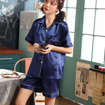 

2020 new sleepwear casual clothes two-piece satin pajama set short sleeve button sleepwear set Korean silk pajama set пижама