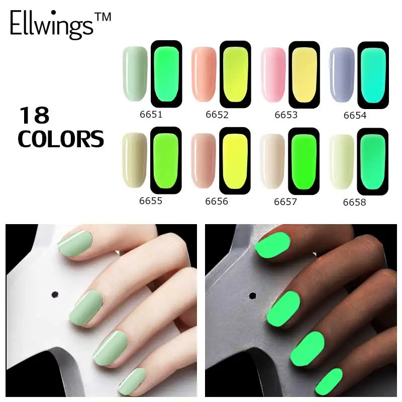 

Ellwings Glow In Dark Gel Varnish Neon Fluorescent Luminous Nail Gel Polish UV Gel Night Gloss Lacquer Top Base Coat Primer