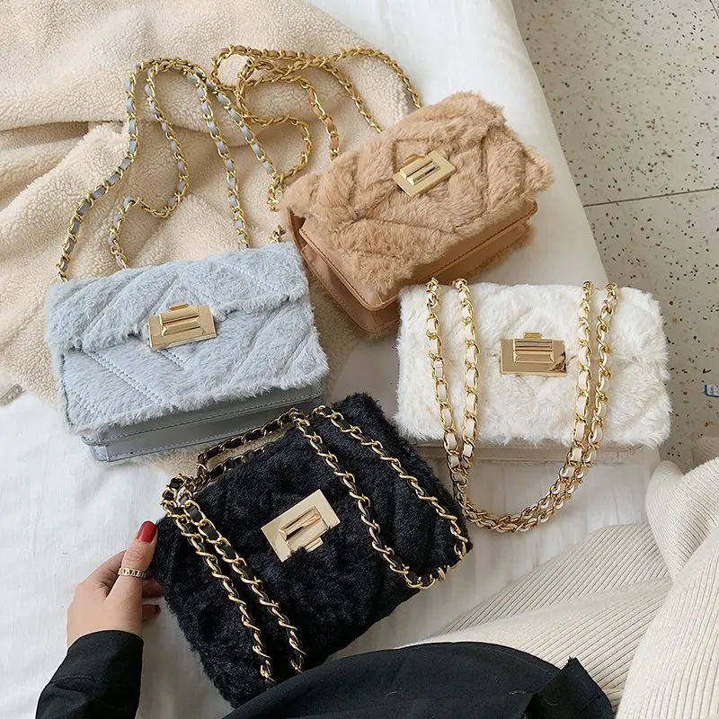 

Fashion Chain Plush Crossbody Bags for Women 2020 Winter Soft Faux Fur Shoulder Handbags and Purses Women's Branded Hand Bag New