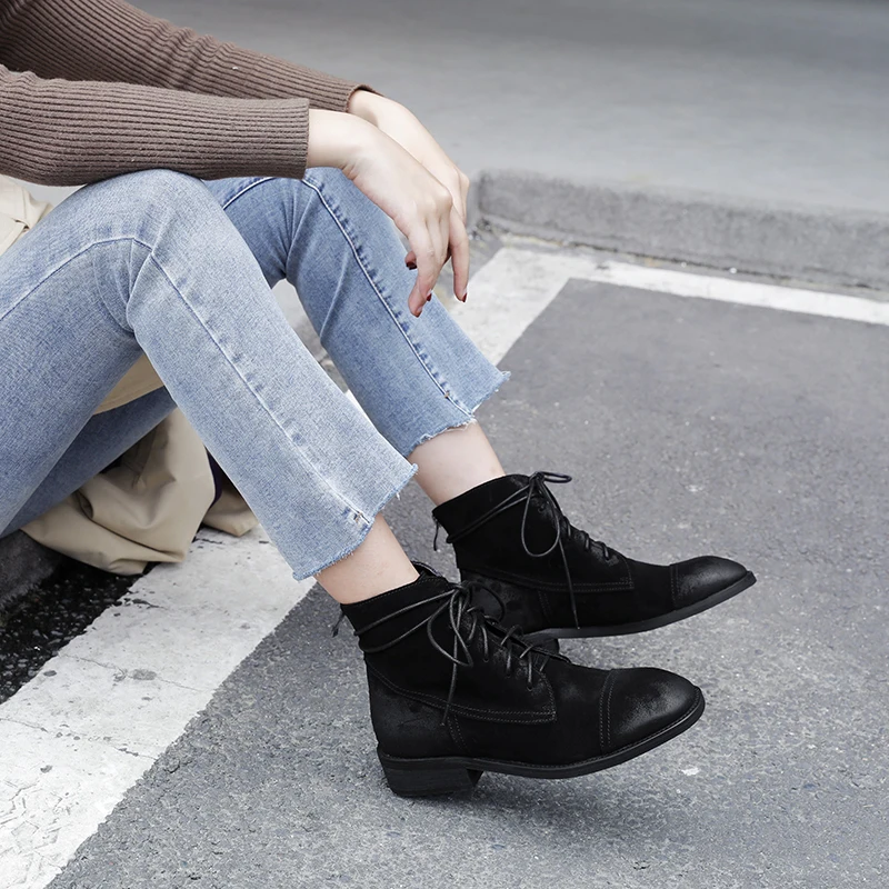 leather Motorcycle ankle Boots woman Corss-tied low heels Ladies casual Shoes Woman Genuine Leather Boots size 41 42 43 44