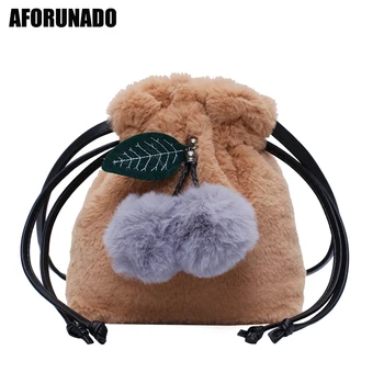 

Faux Fur Bucket Bag Women Mini Shoulder Bags Cherry Fleece Balls Drawstring Cute Dumplings Bags for Girls Female Crossbody Pack