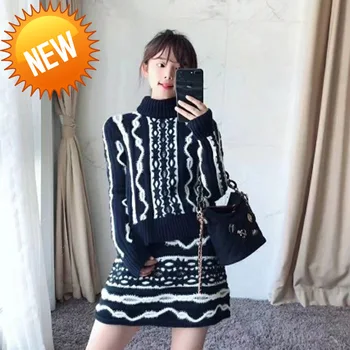 

Quality High Sweater for Women Runway Designer Black White Water Ripple Twist Wool Blend Thick Knitted Sweater