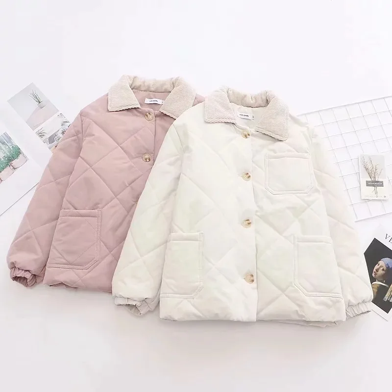 

Japanese-style Mori Girl Line Retro Artistic Corduroy Fold-down Collar Padded Rhombus Loose-Fit Short Cotton Overcoat Women's Sp