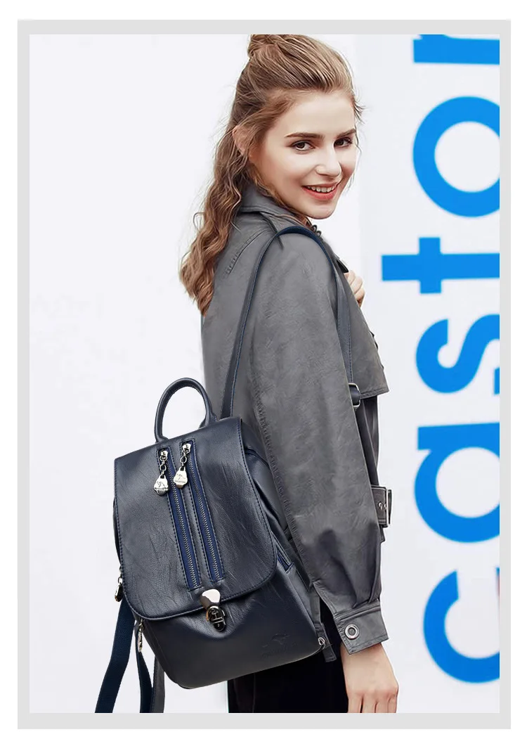Женский рюкзак из мягкой кожи высокого качества с двойной молнией, кожаные школьные рюкзаки для подростков, Sac A Dos Femme