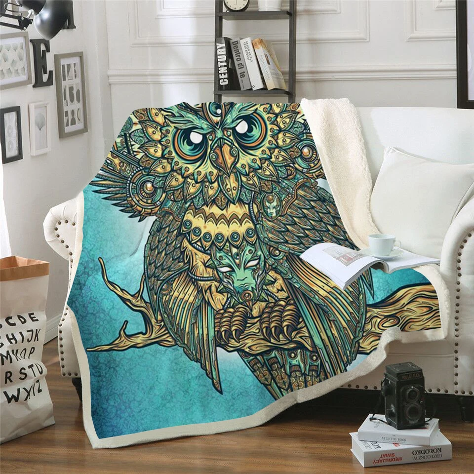 Curious Owl Printed Velvet Plush Throw Blanket Bedspread For Kid